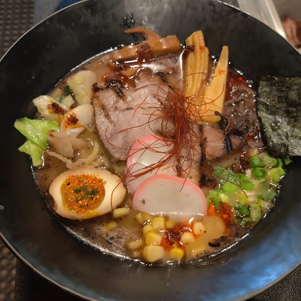 A close-up of Senzu Noodle Bar's ramen with pork, egg, baby corn, fish cake, and chili threads.